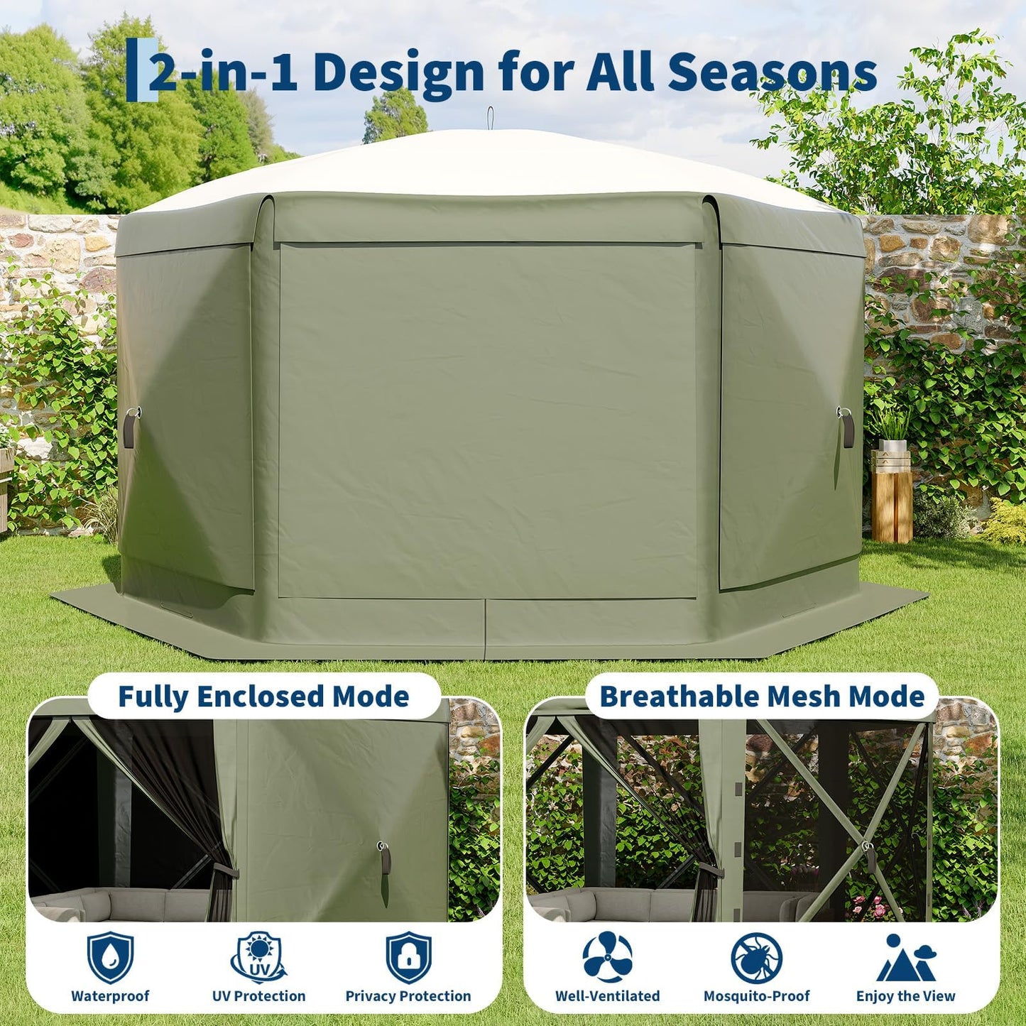 MilleLoom 11.5x11.5FT 6-Sided Gazebo Tent, One-Push Setup Canopy with Mesh Panels & Removable Wind Cloths, Outdoor Shelter for Backyard Parties Camping Events, Army Green