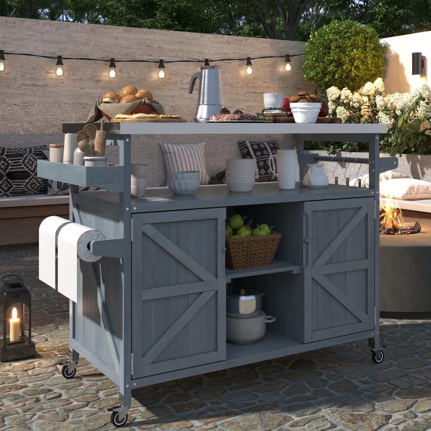Jintop 50.25" Kitchen Island Rolling Bar Cart & Storage Cabinet,Farmhouse Solid Wood Outdoor Grill Table with Stainless Steel Top and Spice, Towel Rack for BBQ,Grey Blue