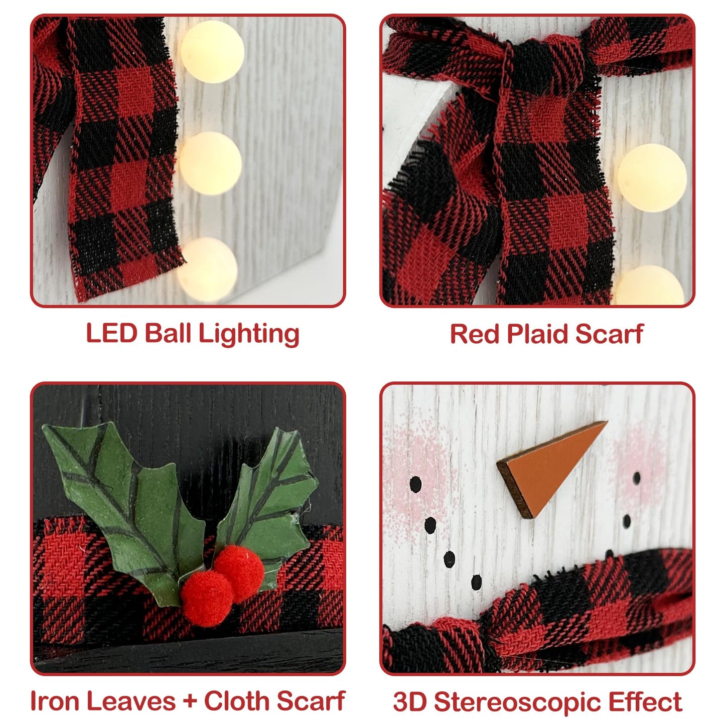 Christmas Decorations for Home LED Lighted Snowman Decor with Timer Farmhouse Merry Christmas Sign Wooden Rustic Red Plaid Scarf Tabletop Xmas Holiday Signs Party Indoor Room