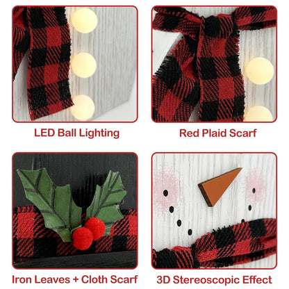 Christmas Decorations for Home LED Lighted Snowman Decor with Timer Farmhouse Merry Christmas Sign Wooden Rustic Red Plaid Scarf Tabletop Xmas Holiday Signs Party Indoor Room