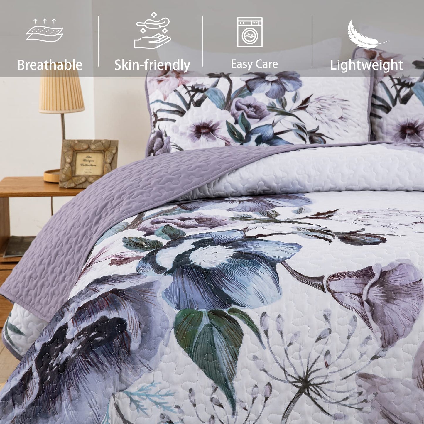 3 Pieces Floral Quilt Set Full Purple Flower Pattern Quilt Coverlet Set Soft Microfiber Lightweight Boho Purple Floral Quilted Bedspread for All Season 80"x90"