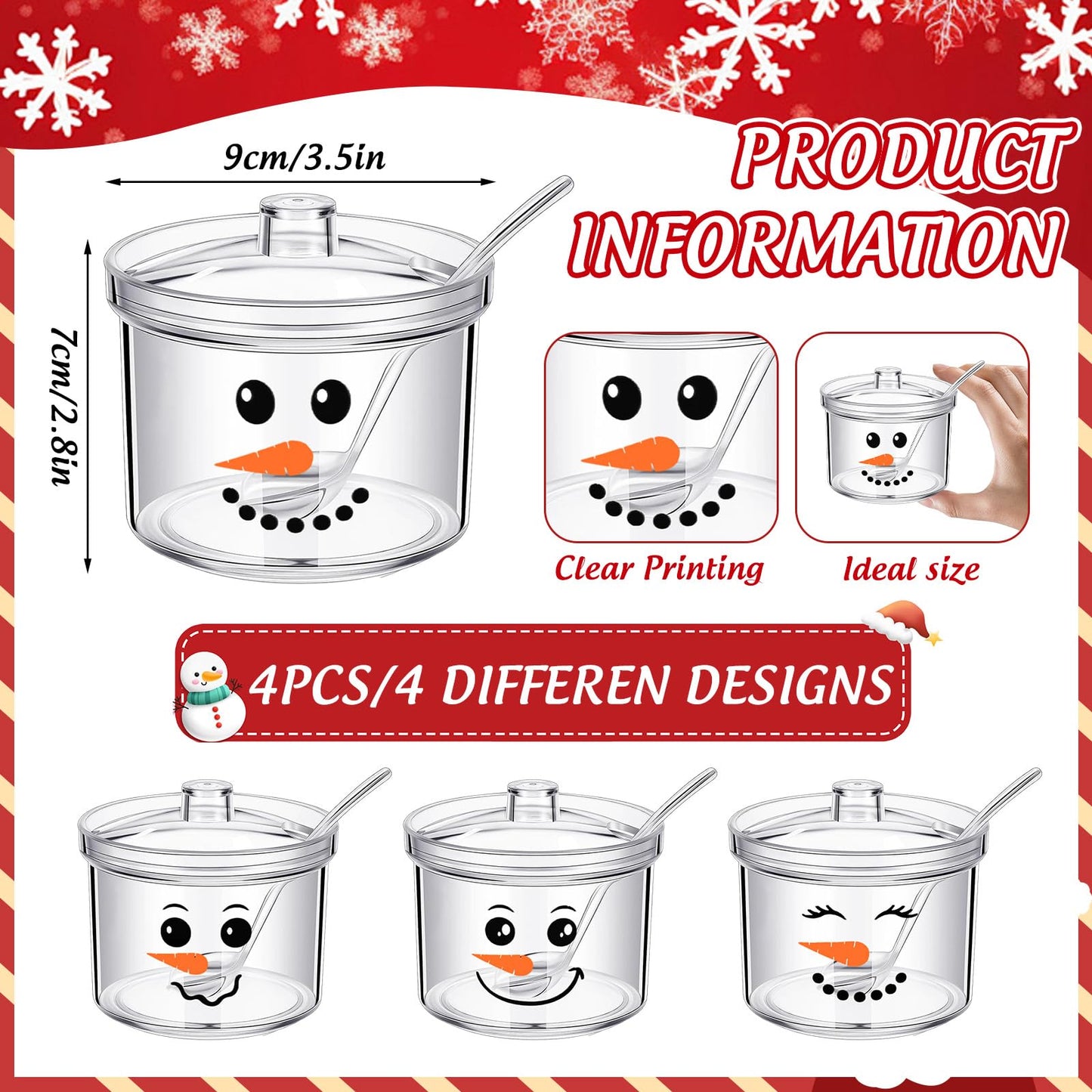 FYSUIMU 4Pcs Christmas Clear Acrylic Sugar Bowl with Lid and Spoon Snowman Face Kitchen Countertop Canisters Condiment Bottle Hot Cocoa Bar Supplies for Winter Xmas Party