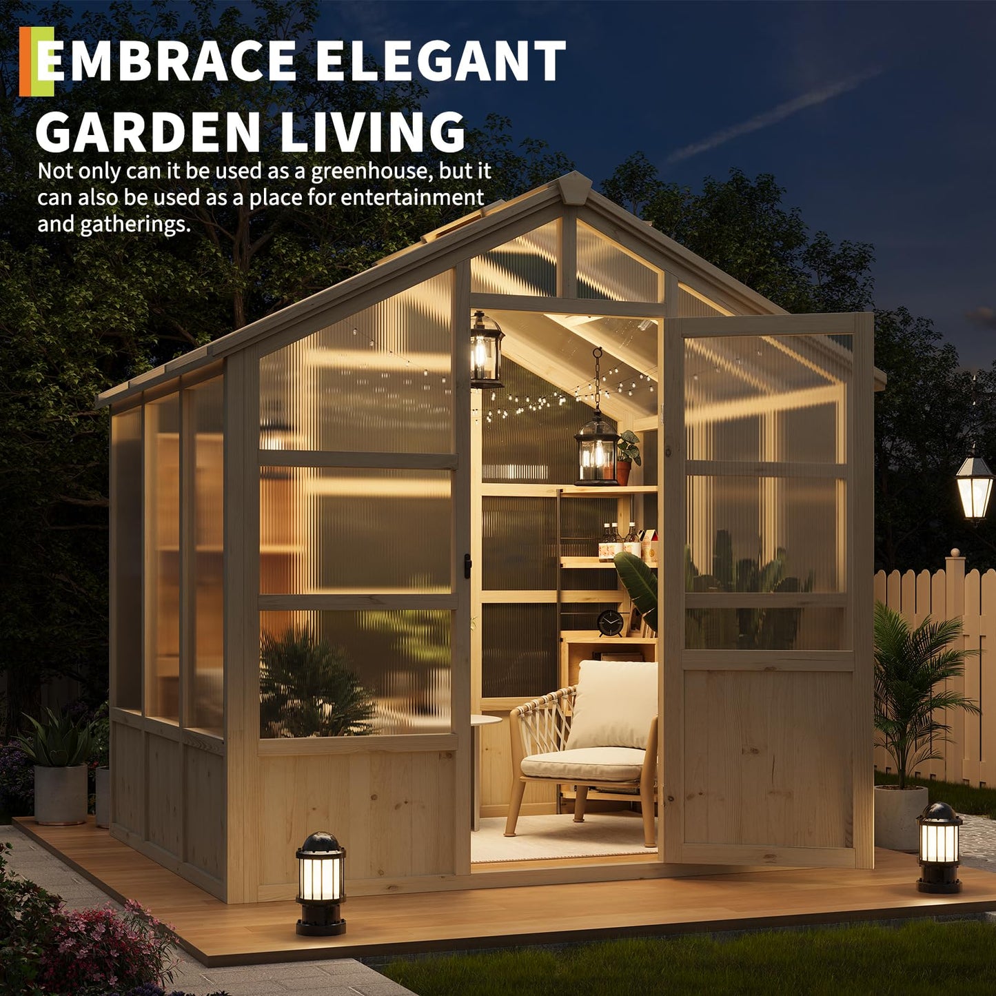 GarveeLife Wooden Greenhouse, 8x6 ft Greenhouses for Outdoors with Lockable Door, Wood Frame & Adjustable Vent, Heavy Duty Greenhouse with Polycarbonate Panel for Outside, Garden, Yard, Light Brown