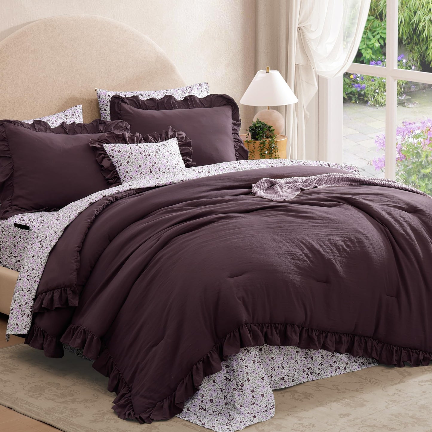 BLOOMHAVEN Queen Comforter Set - 7 Pieces Ruffle Purple Bedding Sets, Shabby Chic Farmhouse Bed in a Bag Queen with Ruffle Comforter, Floral Sheets, Pillowcases & Shams