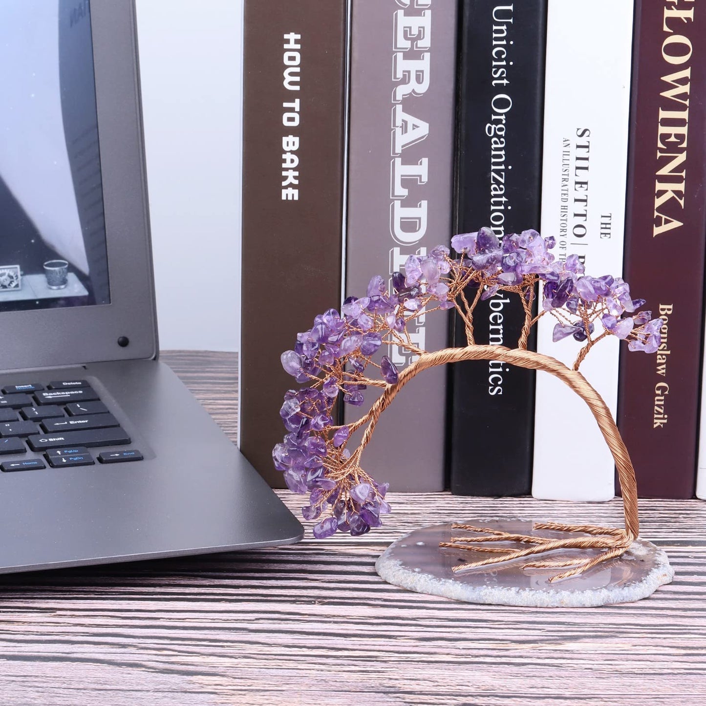 SUNYIK Healing Amethyst Money Tree, Handmade Fengnshui Crystal Bonsai Tree with Agate Slice Base for Wealth Luck, Office Desk Decor, Spiritual Gift, 4.5-5.2 inches