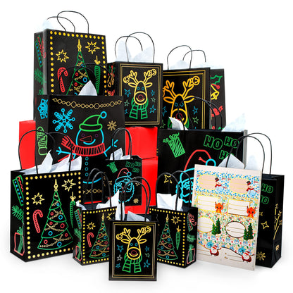 Christmas Holiday Glow-in-The-Dark Gift Bag, 22 Piece 11 Bags of 4 Different Designs, 3 Sizes Large Medium Small, 10 Stickers Labels, 11 White Tissue Papers, Gift Set with Unique Luminous Festive