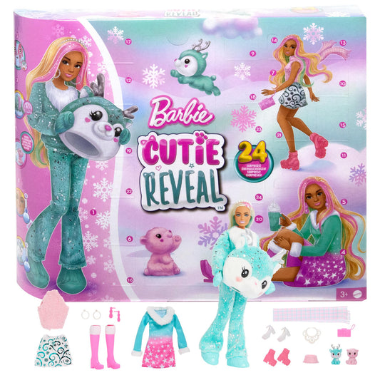 Barbie Cutie Reveal Advent Calendar with Doll & 24 Unboxing Surprises, Holiday Advent Calendar with Color Change, HJX76