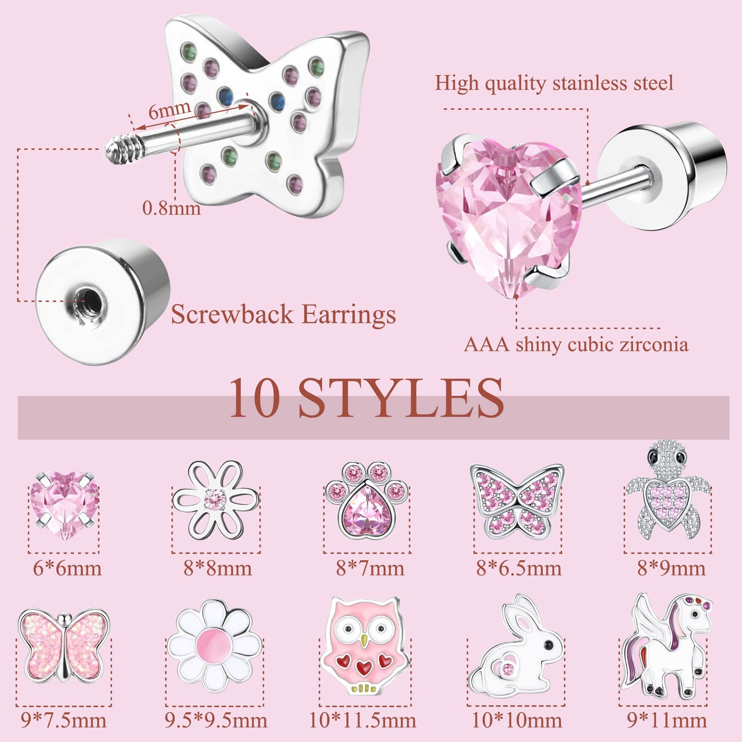 LOLIAS 10 Pairs Cute Screw Back Earrings for Women Girls Stainless Steel Multicolored Heart Flower Butterfly Rainbow CZ Stud Earrings Hypoallergenic Screwback Stud Earring