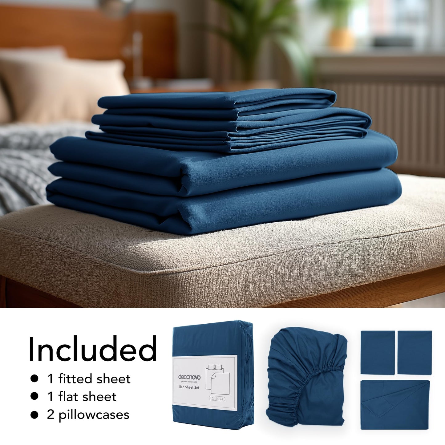 Deconovo Queen Sheet Set 4 Piece - Navy Blue Brushed Microfiber Bed Sheets, 16 Inch Deep Pocket Fitted Sheet, Flat Sheet & 2 Pillowcases, Soft Wrinkle Resistant Bedding