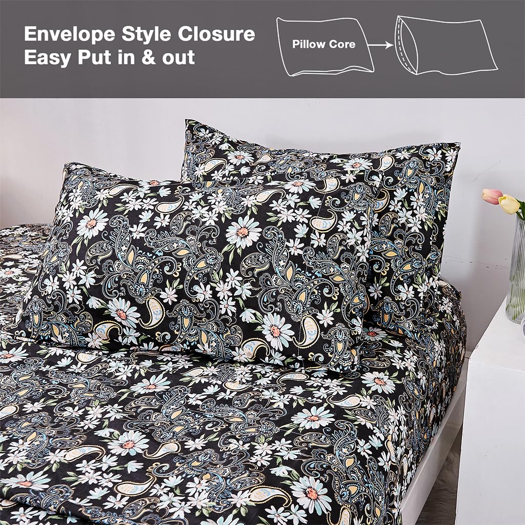 JSD Black Paisley Floral Printed Sheet Set King Size, 4 Piece Soft Pattern Microfiber Sheets Extra Deep Pocket