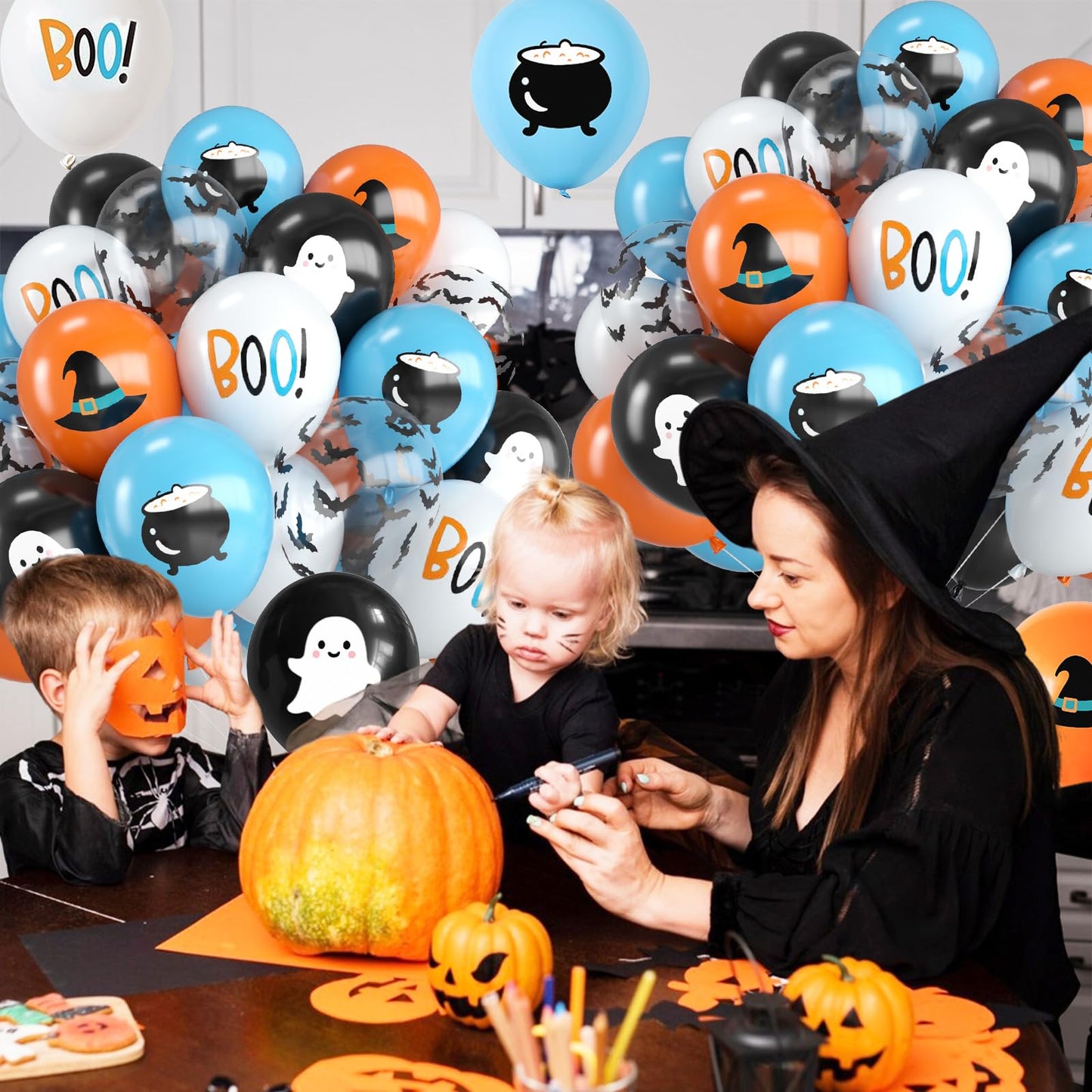 Halloween Balloons,12 Inch Blue Black and Orange Balloons with Boo,Ghost,Hat,Bat Design for Halloween Baby Shower Birthday Wedding Engagement Gender Reveal Party Decorations