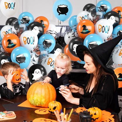 Halloween Balloons,12 Inch Blue Black and Orange Balloons with Boo,Ghost,Hat,Bat Design for Halloween Baby Shower Birthday Wedding Engagement Gender Reveal Party Decorations