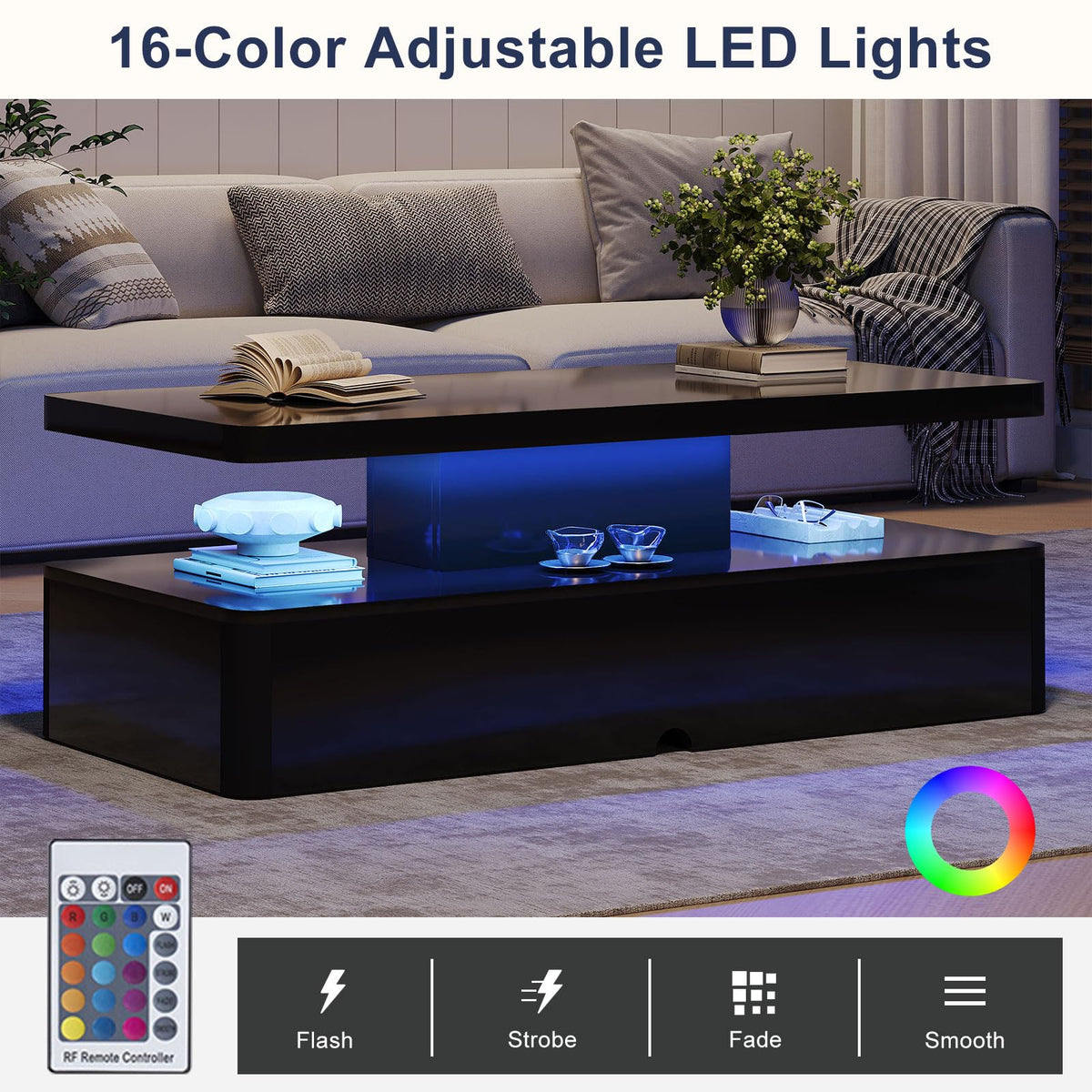 MXV Modern Coffee Table, 40 Inches Coffee Tables with 16 Colors LED Lights, 2 Tier Rectangular Center Table, Large Storage Space, High Glossy Wooden Tea Table for Living Room, Bedroom, Office, Black