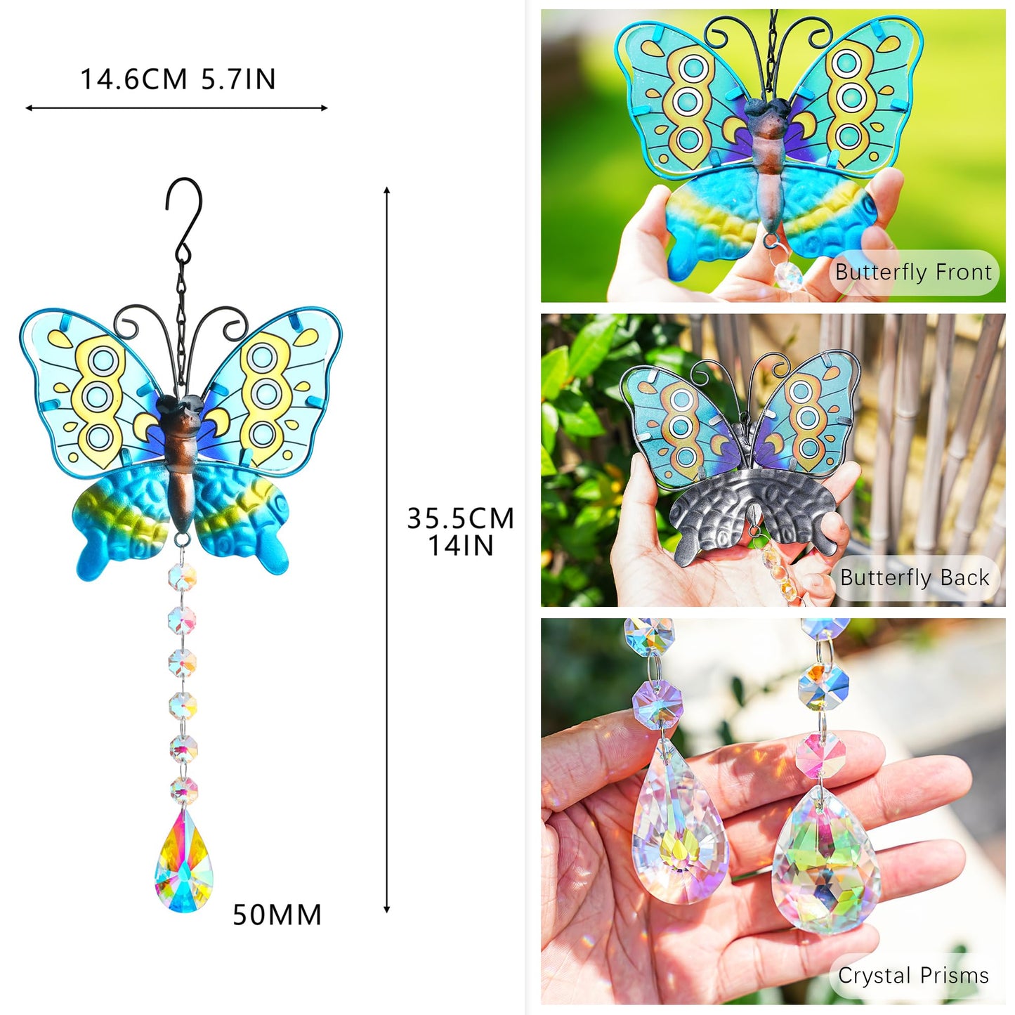 Set 2 Metal Butterfly Suncatchers for Windows - 14" Outdoor Fence Wall Art Decor, Rainbow Prisms Sun Catchers with Crystals Hanging for Home Garden Ornament for Christmas Tree