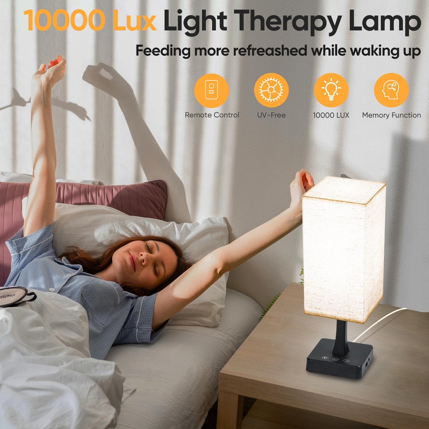 Light Therapy Lamp 10000 Lux Therapy Light with Remote and Touch Control, 3 Color Temperature, 5 Brightness Level Full Spectrum Light with USB C & A Ports Home/Office Use As Lift Mood, Black, 24W
