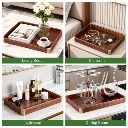Bubinga Wood Serving Tray, 14.5"x9.8" Decorative Tray with Brass Corners, Luxury Home Decor for Coffee Table, Kitchen & Living Room, Housewarming Gifts for New Home, Wedding & Bridal Shower Gift