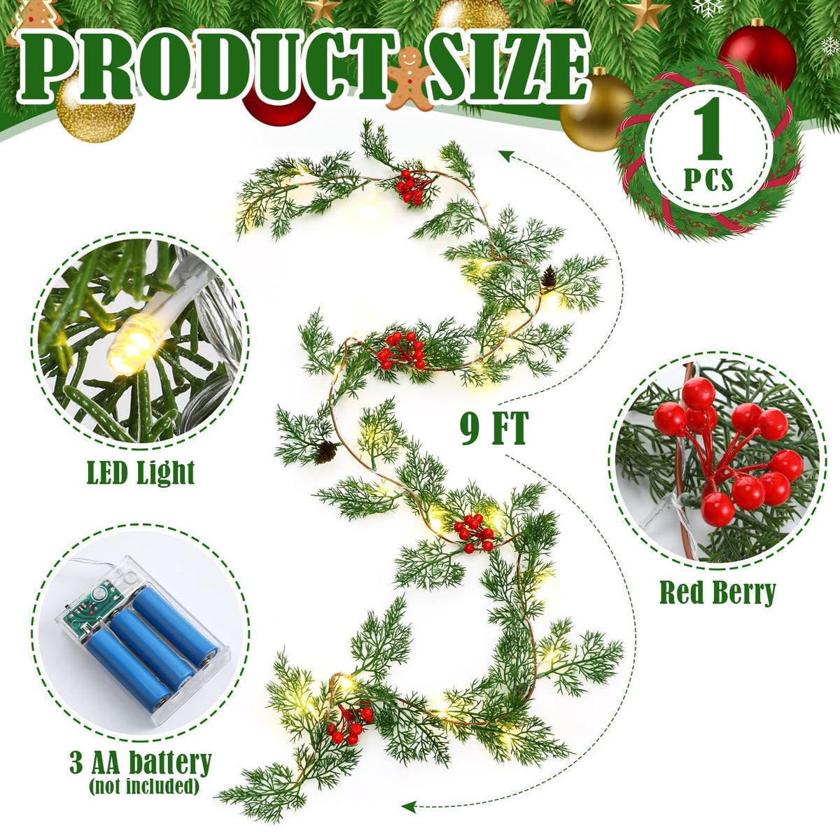 Spiareal 1 Pcs 9 ft Christmas Garland with Light Christmas Lighted Pine Garland Prelit Battery Operated Cedar Pine Cone Red Berry Greenery for Mantle Fireplace Decor