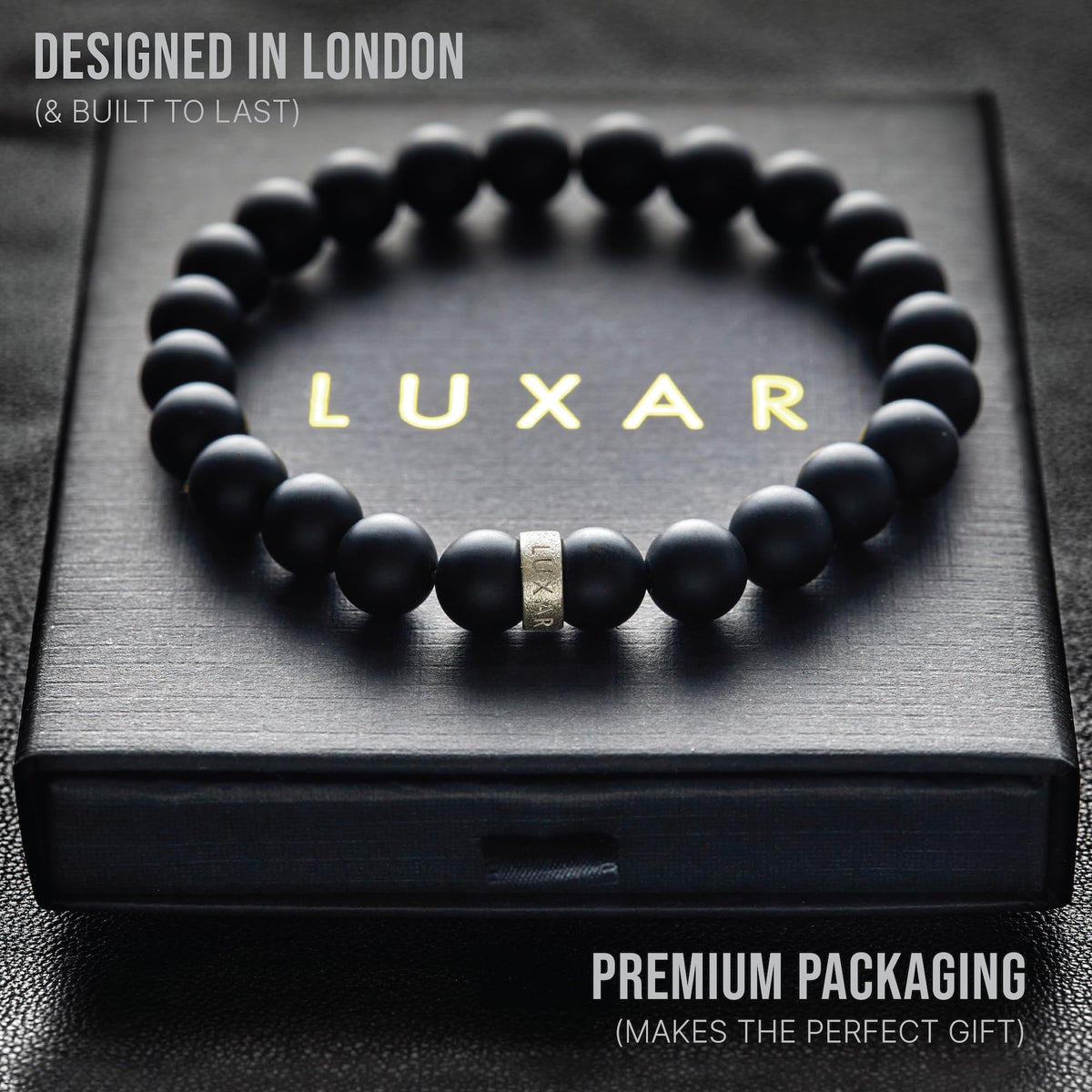 LUXAR Men’s Black Onyx Stone Bead Bracelets | Matte Black 8mm Stone | Minimalist, Designer Jewelry for Men (925 Silver, Small)