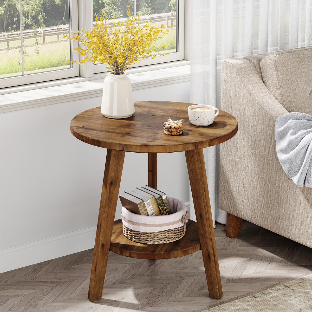 TRIBEWOOD Solid Wood Round End Table, Sofa Side Table with Storage Shelf, Farmhouse Nightstand for Living Room, Bedroom, Easy Assembly (1)