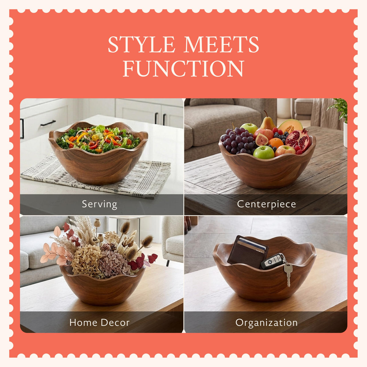 Mela Artisans 10 in Wide x 4 in Tall Scalloped Acacia Wood Salad Bowl – Decorative Serving and Fruit Bowl with Natural Finish for Kitchen Counter, Bread & Home Decor
