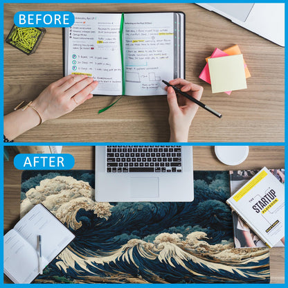 EOBKLAX Japanese Ocean Waves Large Gaming Mouse Pad,Waterproof Desk Mat for Desktop,Non-Slip Rubber Base Mousepad with Stitched Edges for Laptop Office and Home 35.4X15.7 Inch
