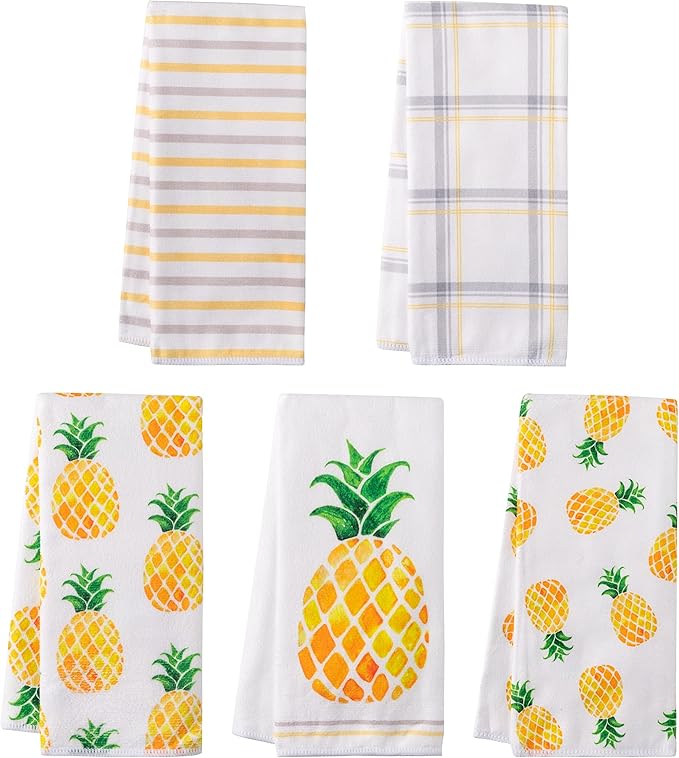 R HORSE 5Pcs Pineapple Kitchen Dish Towel Set Fruit Theme Absorbent Drying