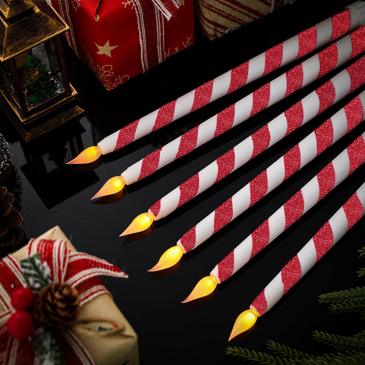 LCZLUMIPRO 6PCS Christmas Flameless Taper Candles - Candy Cane Red and White Stripes Flickering Battery Operated LED Candles for Xmas Centerpiece Holiday Party, Wedding, Winter Home Decoration