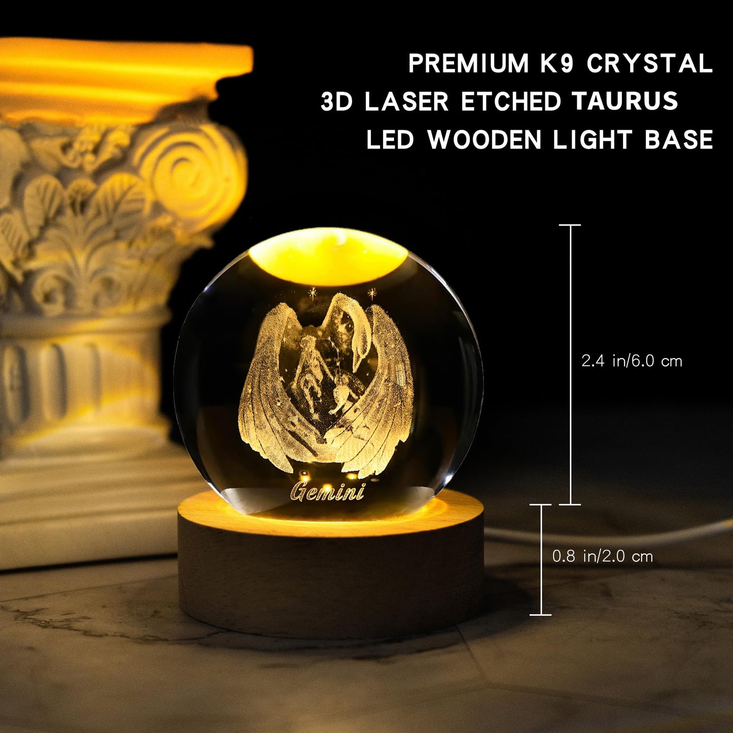 QIANCHANG 3D Laser Etched Gemini Crystal Ball with LED Light Stand, Constellation Decor Glass Sphere Lamp, Zodiac Astrology Birthday Gifts for Women Kids