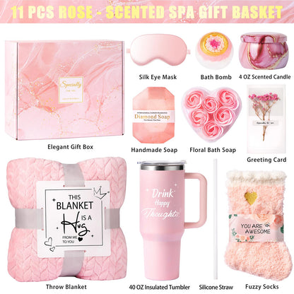 Birthday Gifts for Women Self Care Get Well Soon Gift Baskets, Relaxing Spa Gift Set for Christmas W/Flannel Blanket & 40 OZ Tumbler for Mom Wife Grandma Her Sister Girlfriend, Valentines Mother's Day