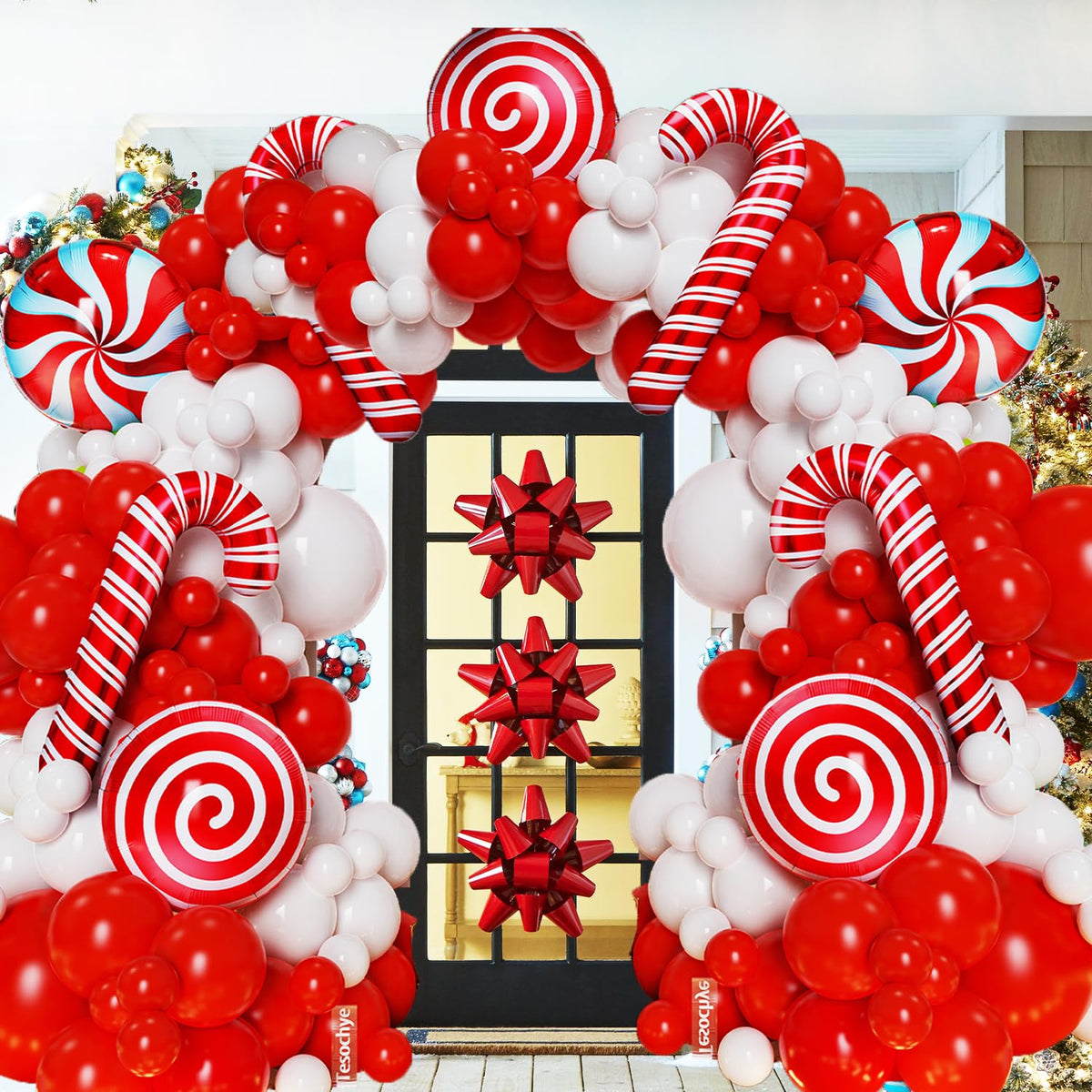 142 Pcs Christmas Balloon Garland Arch Kit with Xmas Red and white Candy Cane foil Balloons, Red White Candy Balloons for Christmas Party Decorations Birthday Supplies