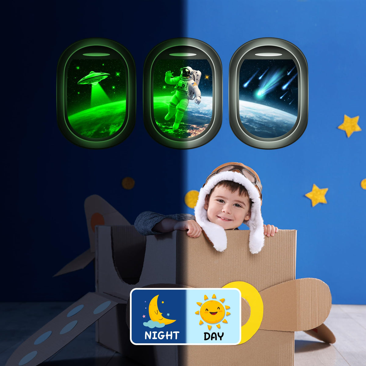 Glow in The Dark 3D Space Wall Decals, Set of 3 Galaxy Window Stickers for Wall, Space Themed Room Decor for Kids Boys (Green)