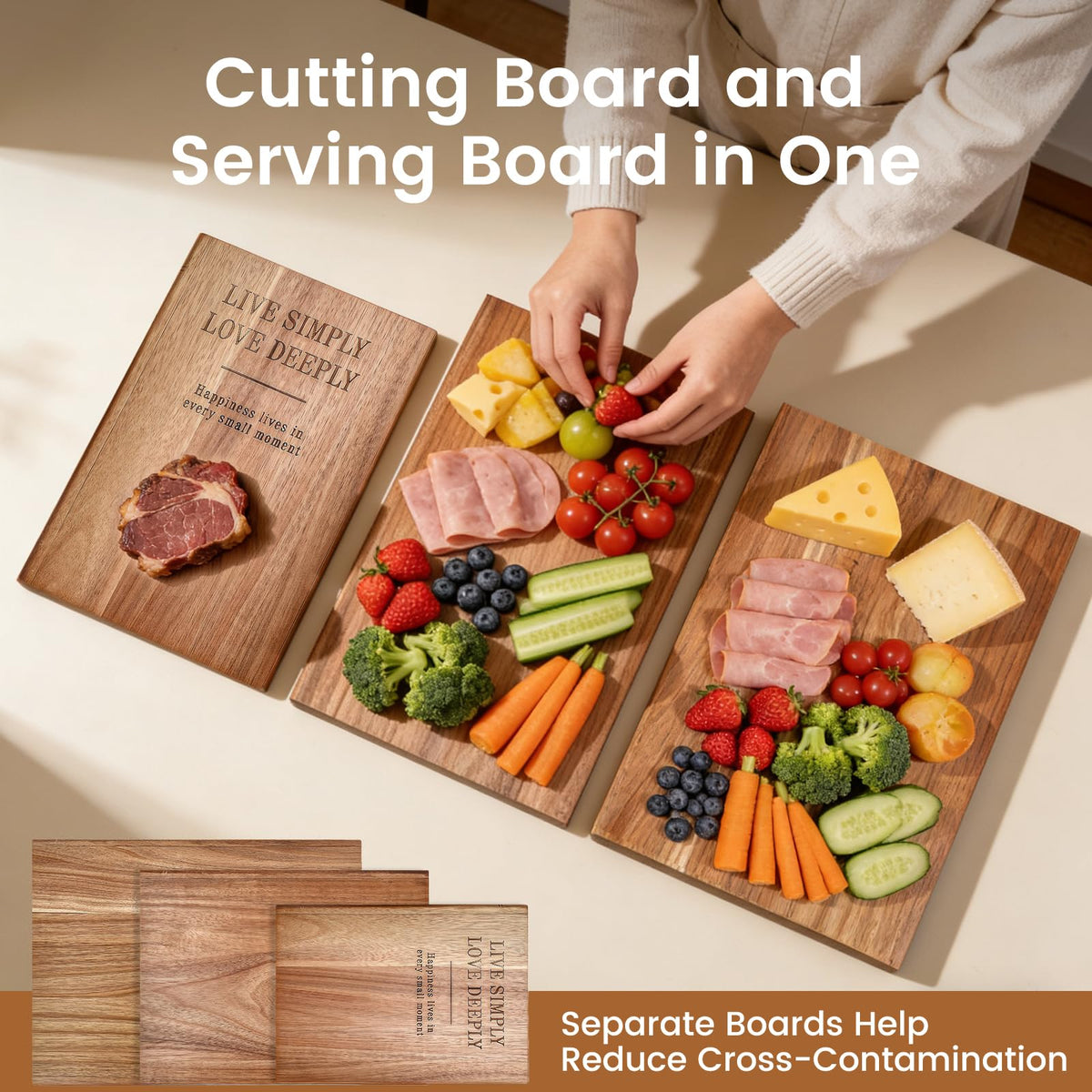Book cutting board Set of 3, Acacia Wood Chopping Board with Stand, Charcuterie Kitchen Boards with Book‑Style Design for Cheese, Meat and Vegetables