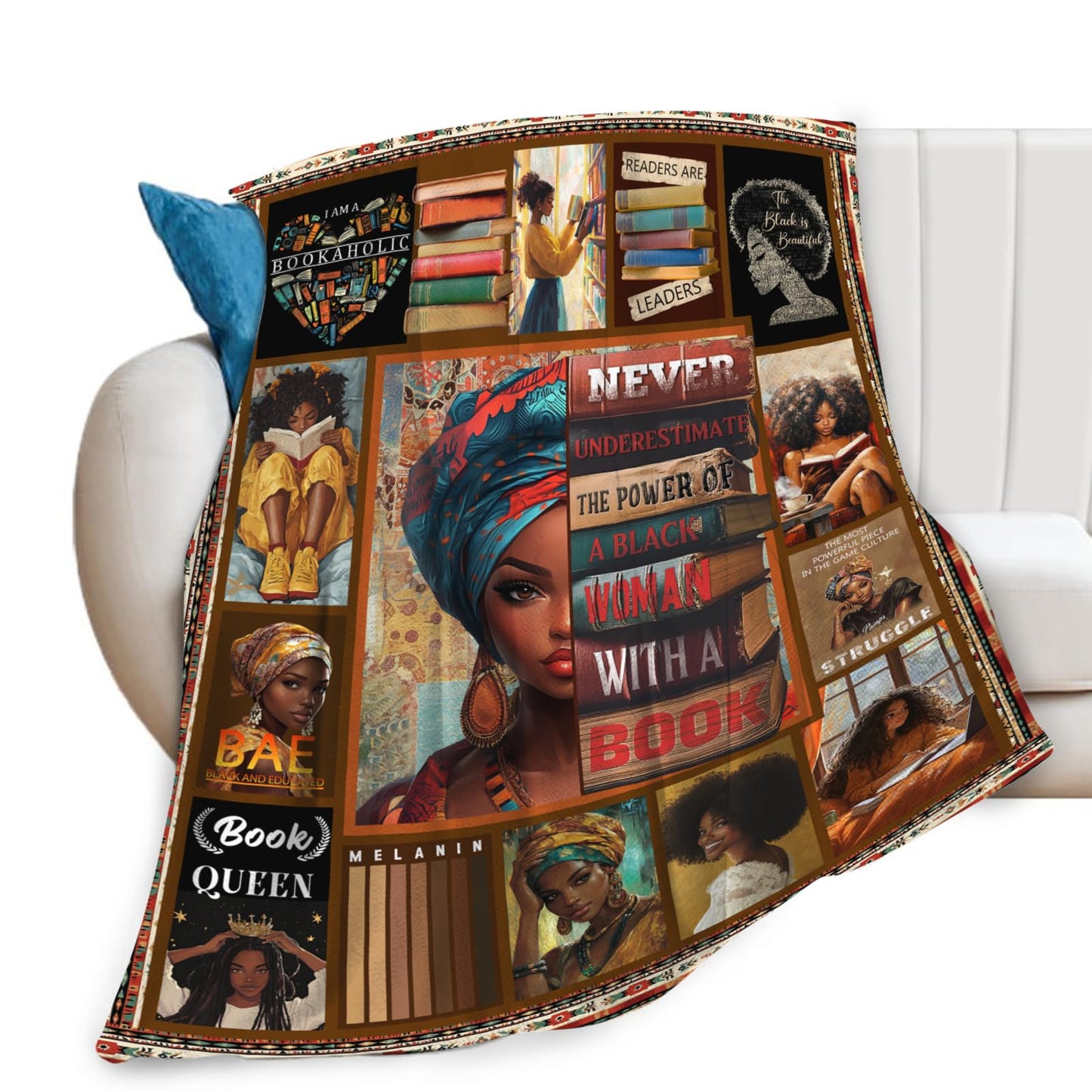 African American Gifts for Women, Book Lover Throw Blanket, Black Women Reading Flannel Blanket, Cozy Fleece Soft Stuff Blankets Gift for Girls Couch Sofa Bed 50" x 40"