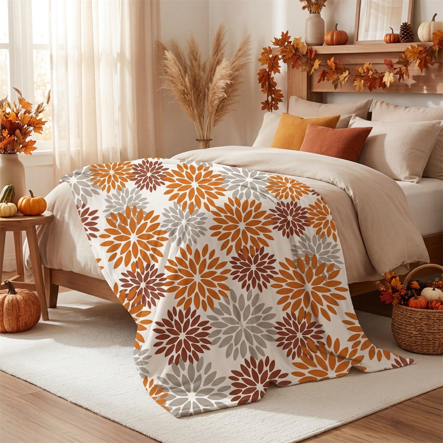 Horaldaily Orange Grey Dahlia Pinnata Blanket Throw, Fall Floral Soft Fuzzy Plush Faux Fur Cozy Blankets for Couch Sofa Bed Lounging, Ideal Gifts for Kids Adults Self 50x60