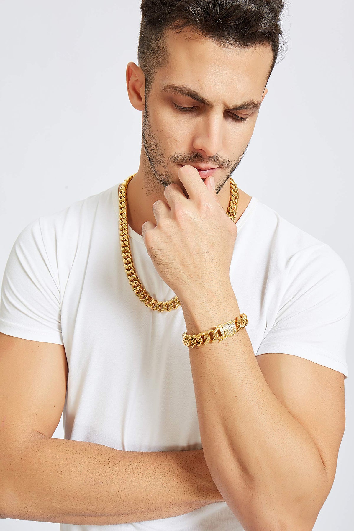 Jxlepe Mens Miami Cuban Link Chain 18K Gold 15mm Stainless Steel Curb Bracelet with cz Diamond Chain Choker (8.5, Bracelet)