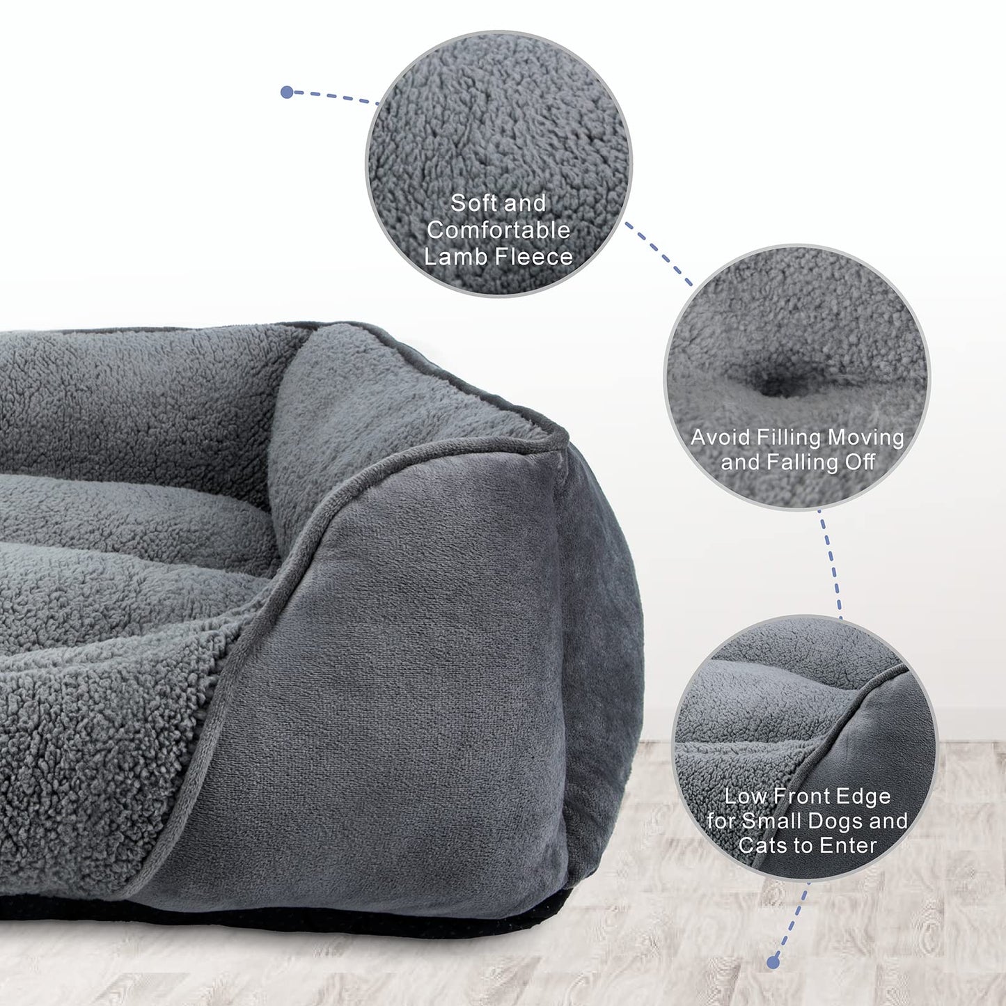 MIXJOY Large Dog Bed Washable, Grey Dog Bed Puppy Beds Orthopedic Pet Bed with Anti-Slip Bottom, Low Front Edge Dog Bed for Border Collie, Golden Retriever, French Bulldog, 76×61×23 cm
