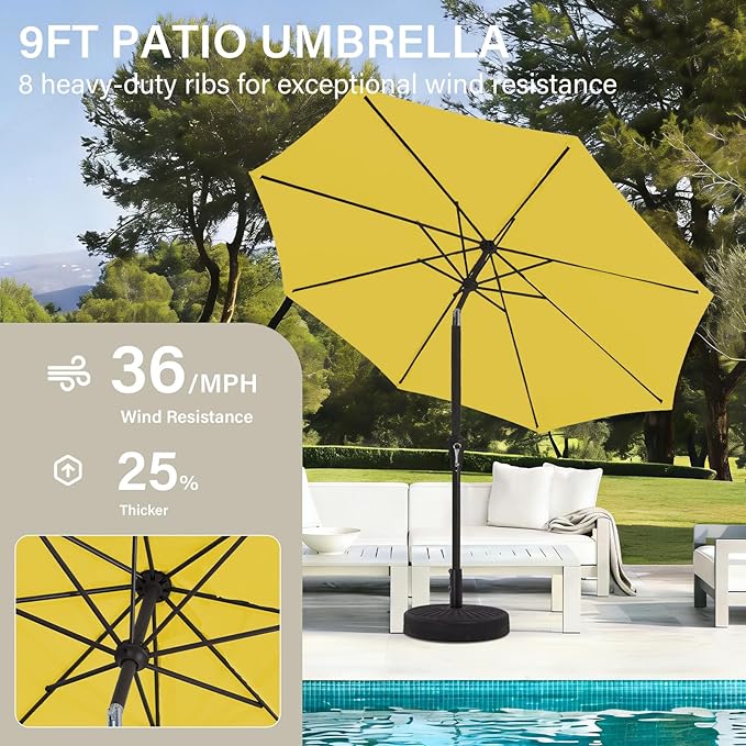 MEWAY 9ft Patio Umbrella Outdoor Table Umbrellas with Push Button Tilt and Crank, Market Umbrella 8 Sturdy Ribs for Deck, Garden, Pool and Backyard, Yellow