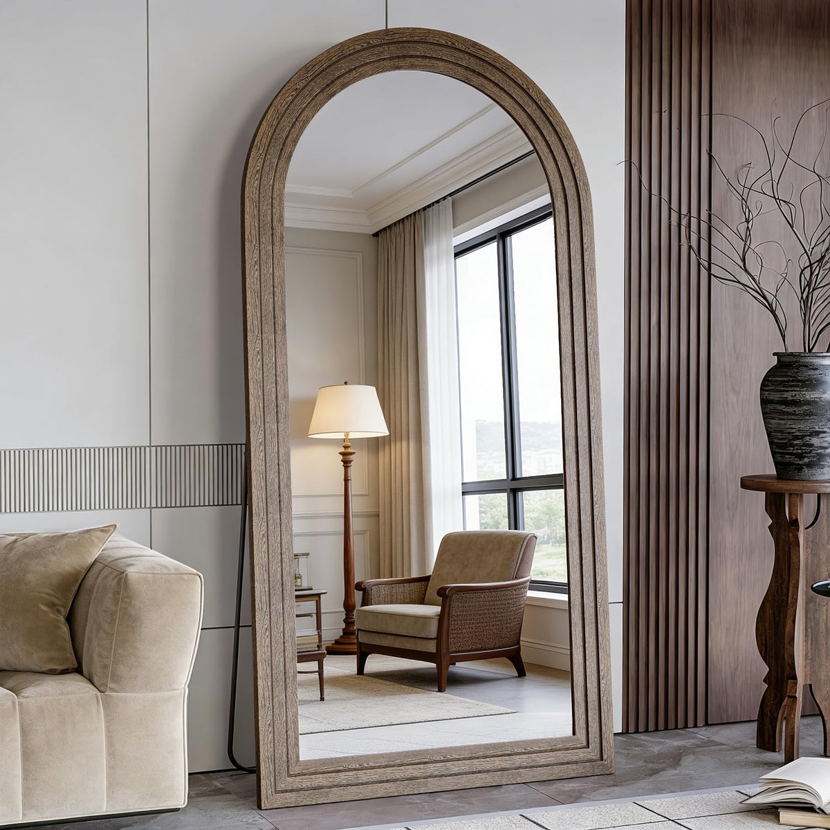 CASSILANDO 71x32 Inch Arched Full Length Mirror with Solid Wood Frame Wall Mounted Floor Mirror, Vertical Hanging Leaning Standing Mirror for Living Room, Bedroom, Entryway, Brown