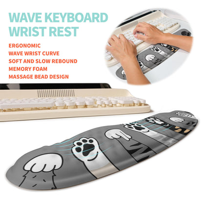 KUOSGM 2-in-1 Ergonomic Set, Wave Rise Keyboard Wrist Rest and Massage Bulge Slope Mouse Pad Wrist Support, Cushion Memory Foam Integrated to Relieve Wrist Pain, Cute Cat Paws