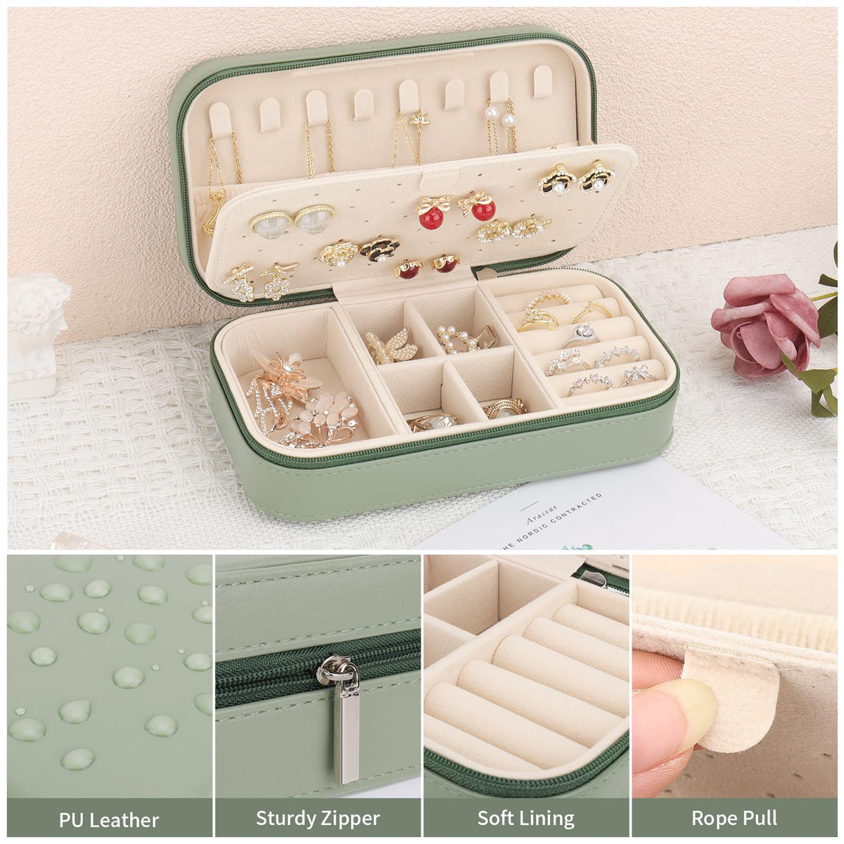 DesignSter Travel Jewelry Box, PU Leather Portable Jewelry Case, Small Jewelry Boxes for Gifts, Travel Jewelry Organizer for Women Rings Earrings Necklaces Bracelets (Avocado Green)