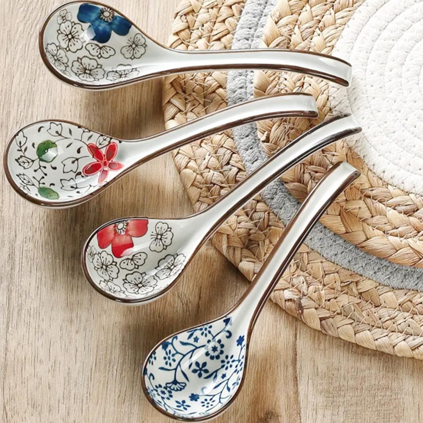 4 PCS Soup Spoons,Japanese Spoons,Ceramic Spoons, Chinese Asian Spoon Ramen Spoons, Pho Spoons for Ramen, Vietnamese Wonton, Dumpling Pho Miso Rice Noodle Soup Spoons - Set of 4