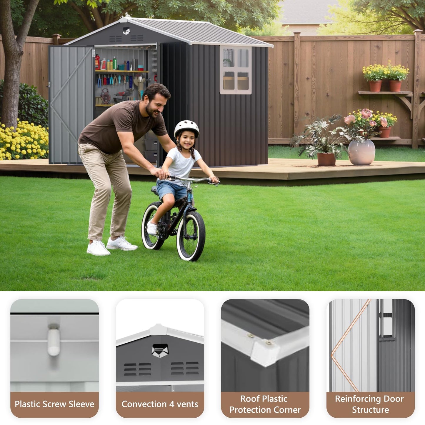 Benass 8x6 FT Outdoor Storage Shed, Metal Garden Shed - Tool Storage Sheds with Lockable Doors & 1 Clear Window, Waterproof Outside Storage Building for Backyard, Patio (Black; Floor Not Included)