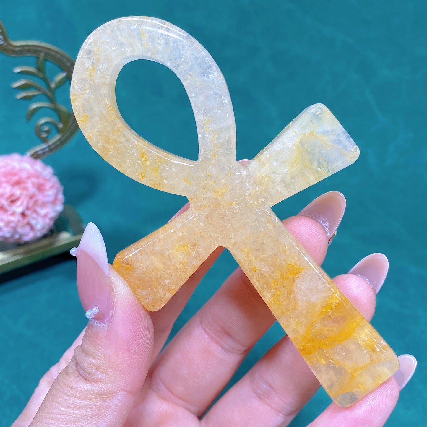 3.6" Natural Quartz,Hand Carved,Mineral Sample,Ankh Totem,Home Decor,Reiki Heal,Energy Crystal Gift (Yellow Hematoid Quartz)