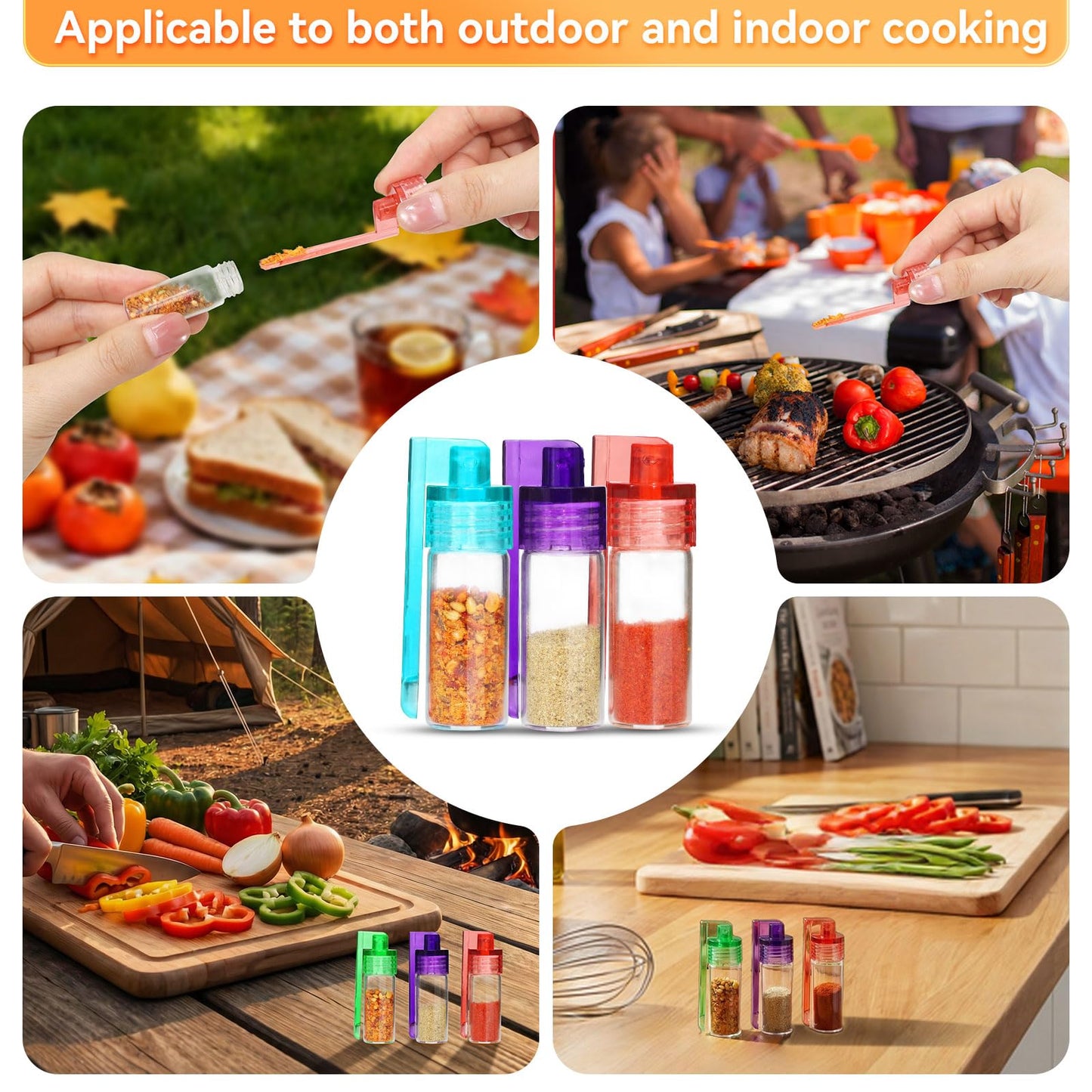 6-Pack Mini Seasoning Jars, Portable Condiment Dispensers with Spoon, Airtight & Transparent Glass Vials, 5ml Capacity Each, for Camping, Outdoor Activities, Travelling, and Kitchen Daily Use