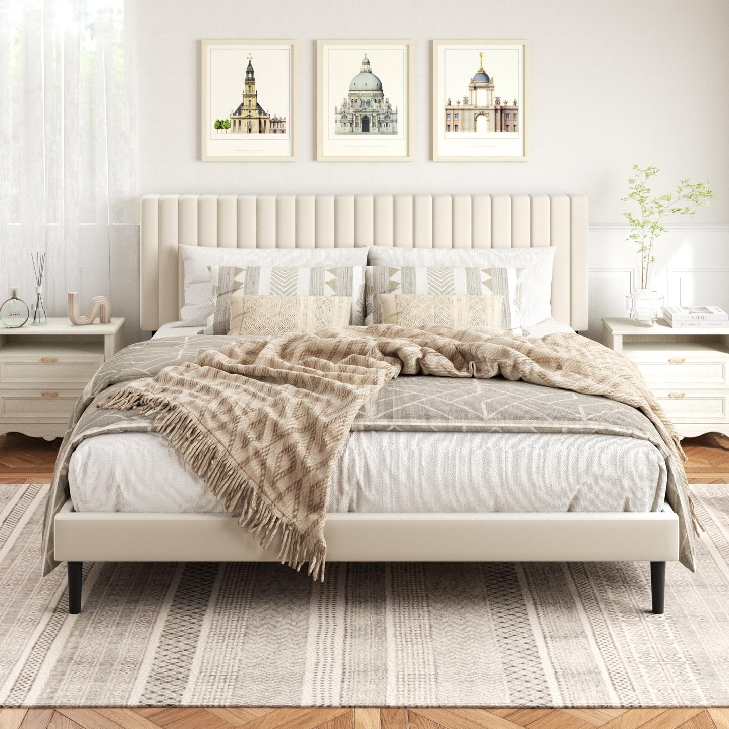 HAOARA King Size Bed Frame,King Size Platform Bed Frame and Velvet Upholstered Headboard with Strong Wood Slats, Box Spring Optional, Mattress Foundation, Easy Assembly Beige