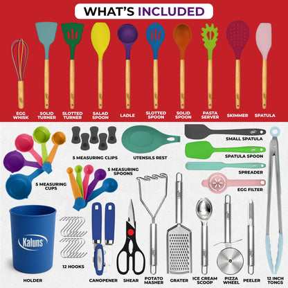 Kaluns 50 PCS Silicone Kitchen Utensils Set Complete Kitchen Set - 800°F Heat Resistant Non-Stick Premium Cooking Utensils W Wooden Handles - Can Opener, Masher, Turner, Silicone Spatula Set