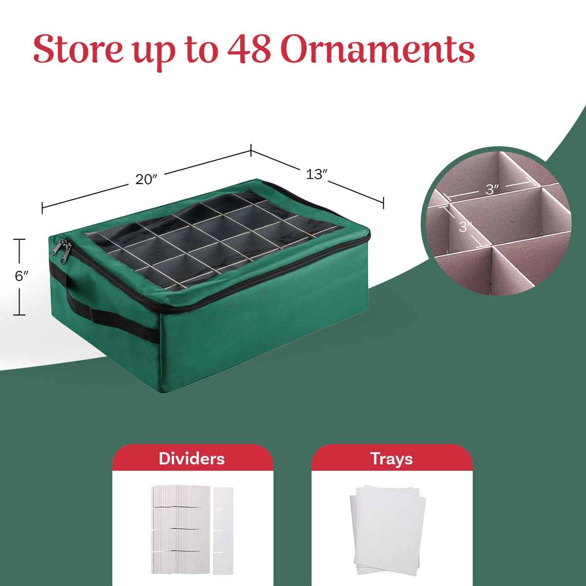 Ornament Storage Box - Zippered Organizer with 48 Individual Compartments and Dividers for Christmas Bulbs and Decorations by Tiny Tim Totes (Green)