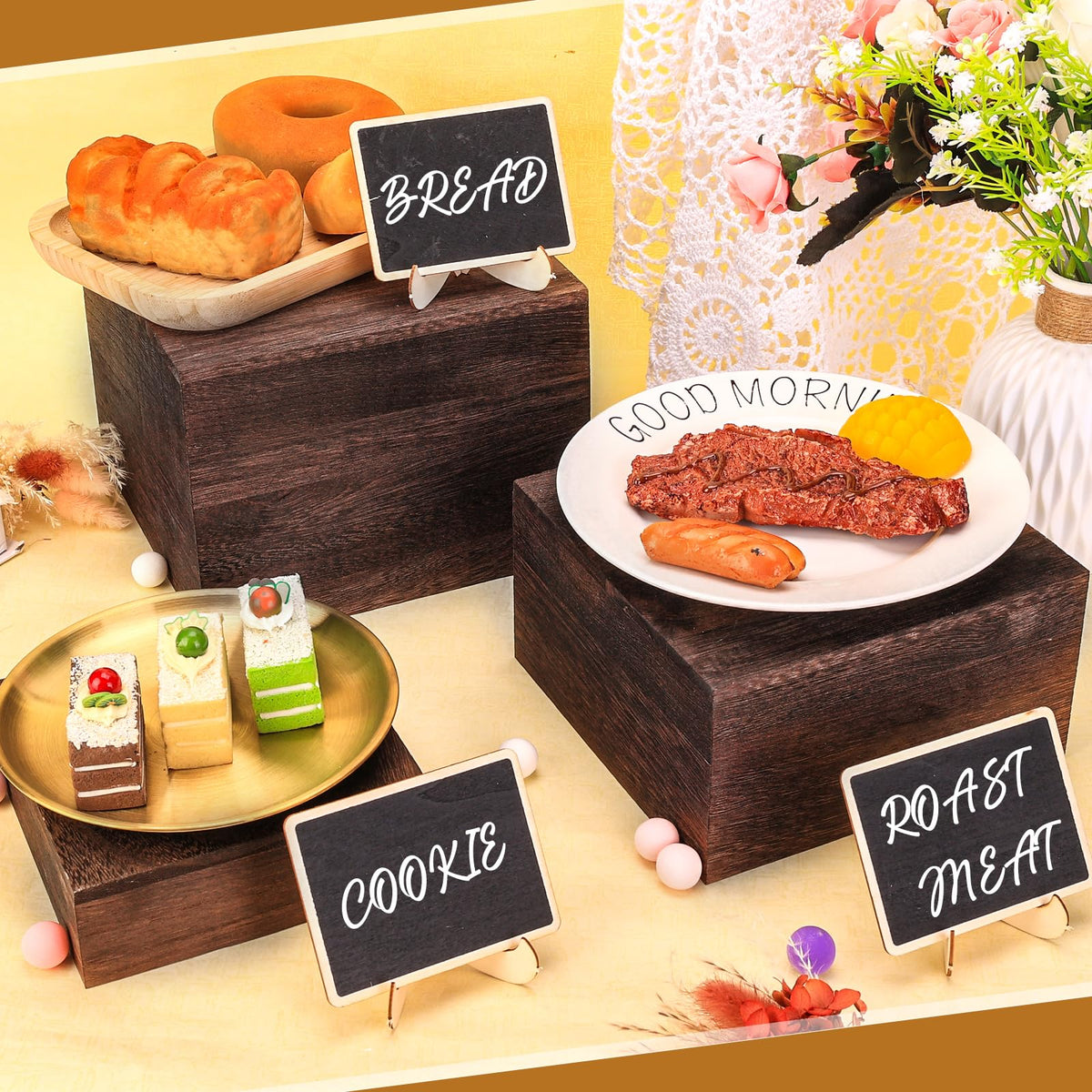 LEIFEOSH 6 Pack Wooden Risers Display Stands with Mini Signs Square Food Risers for Buffet Party Rustic Wood Cake & Cupcake Stands Nesting Box Wooden Crates for Display