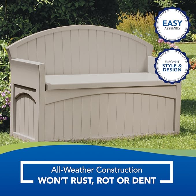 Suncast Outdoor Storage Bench - 50 Gallon Taupe Resin Outdoor Bench with Storage for Cushions, Tools & More. All-Weather Patio Deck Box with Seat for Porch, Pool, Yard, & Garden, Made in USA