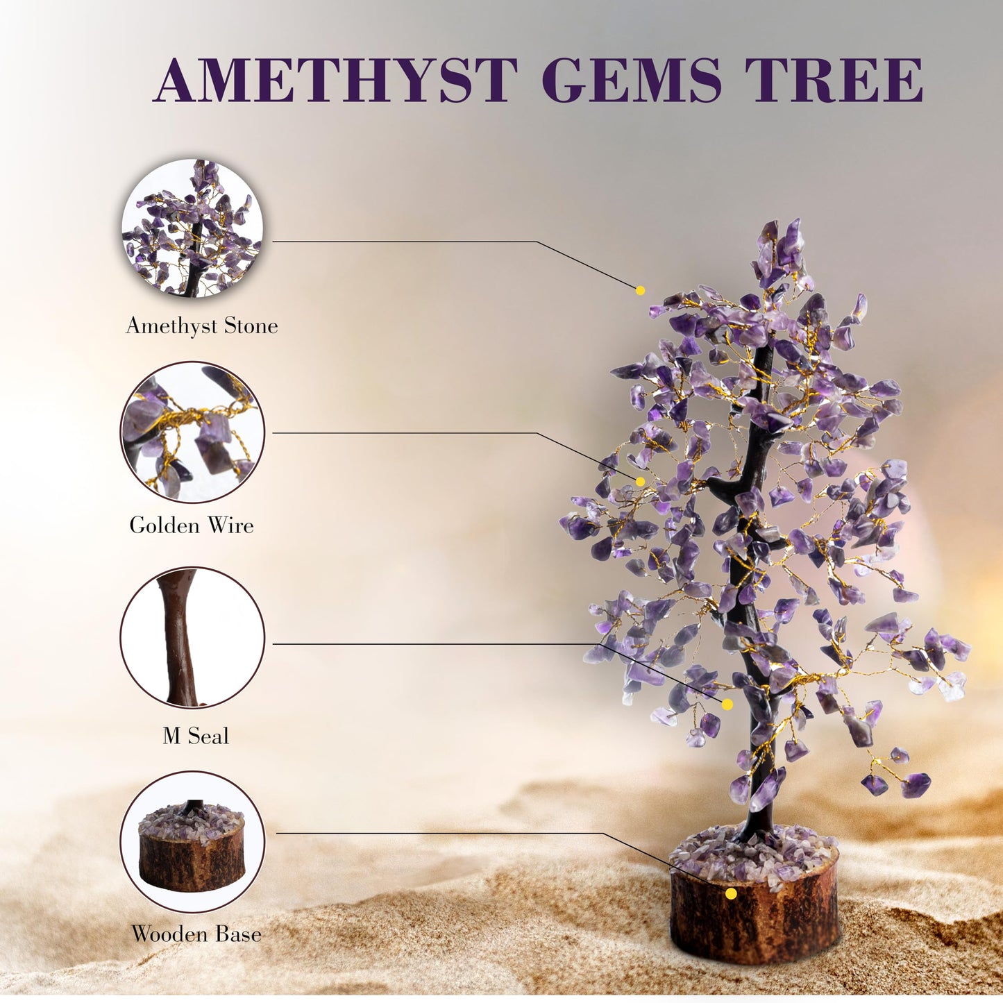 Wonder Care Amethyst Crystal Tree for Positive Energy Home Decor and Healing With M-Seal & Golden Wire | Fortune Tree | Crystal Decor | Chakra | Feng Shui (300 Beads)